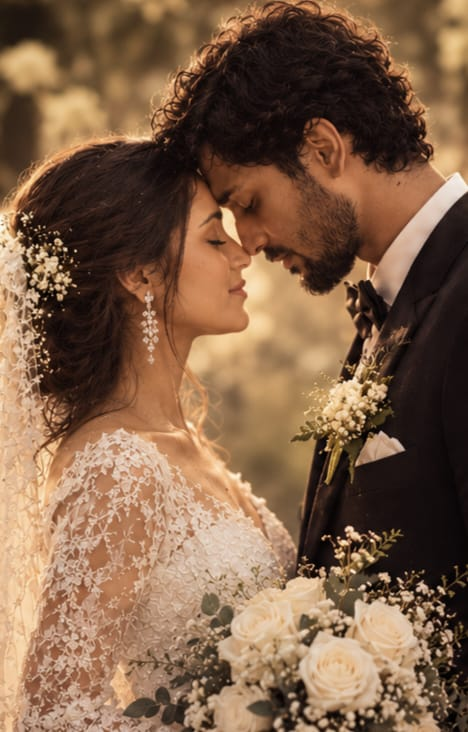 Pradison and Risha, foreheads touching, in soft golden light